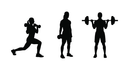 A dynamic image depicts three figures engaged in weightlifting and exercise presented as a striking silhouette on transparent background high quality © rabbivay