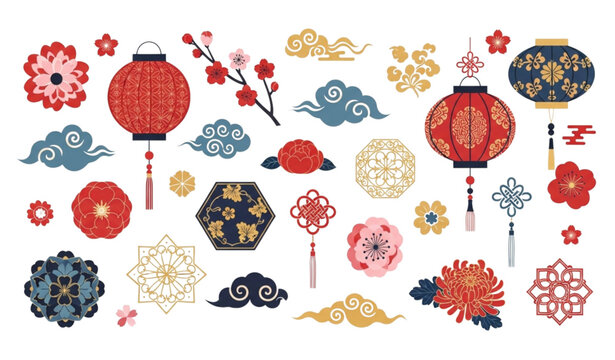 Modern oriental floral lantern decorative vector elements