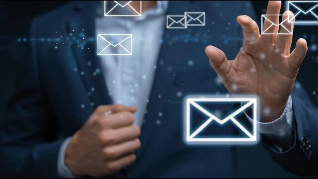 Email business technology communication touch virtual screen man interface digital mail message network connection internet online modern innovation office corporate hand finger click hover over dark