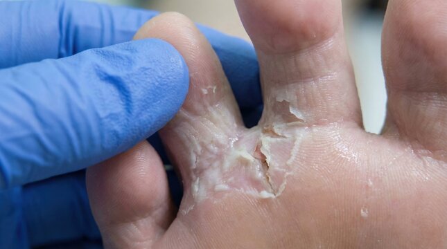 Macro of peeling skin between toes from athlete's foot