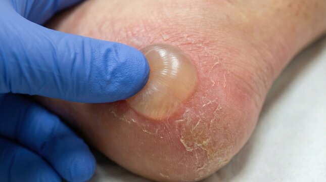 Fluid-filled blister on human heel during medical exam