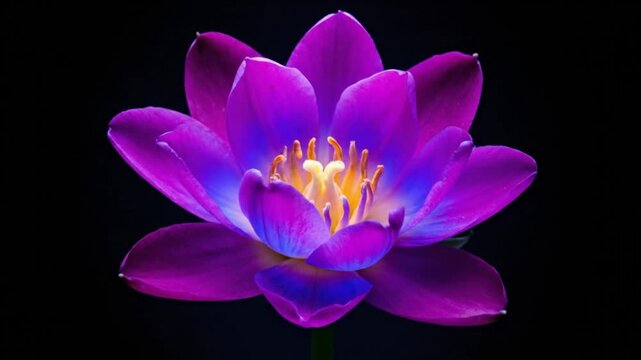 A close-up of a vibrant purple tulip against a dark background. The flower displays intricate petal details and a fresh green stem. isolated black background