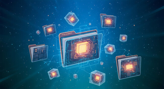 Digital data folders and cubes glowing with vibrant orange light connected by glowing lines on a dark blue futuristic