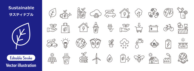 サスティナブルな生活とクリーンエネルギー、エコロジー・再生可能エネルギー・環境保護のフラットな線画アイコンセット（ベクター/編集可能） © Nekoyamada