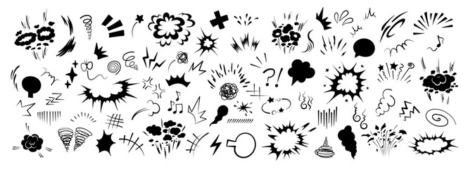 Superhero doodle effect, hand-drawn, with dynamic speed lines, a collection of animated cartoon motion elements and an explosive comic burst effect vector illustration. © Konstantin