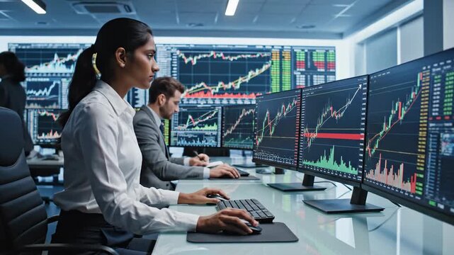 Traders analyze stock charts on multiple monitors