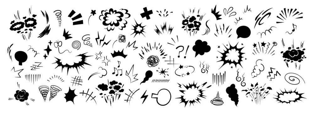Superhero doodle effect, hand-drawn, with dynamic speed lines, a collection of animated cartoon motion elements and an explosive comic burst effect vector illustration.