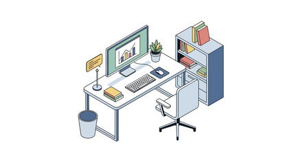 Isometric illustration of a modern office workspace with essential tech and decor elements