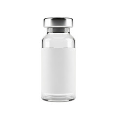 A clear glass vial with a silver cap against a white background isolated on transparent background