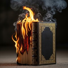 Burning Old Leather Bound Book on Fire.