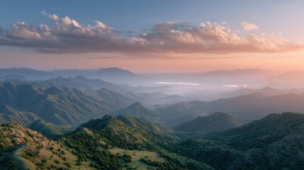 Fototapeta premium Golden Sunset Over Tranquil Mountainous Landscape.