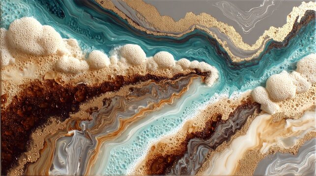 Dynamic abstract art featuring swirling teal, gold, and foamy white. Perfect for modern backgrounds, wall art, and elegant design projects.
