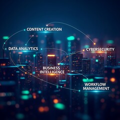 Business Intelligence and Cybersecurity Cityscape at Night.
