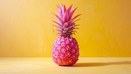 A pink pineapple with a purple crown against a yellow background