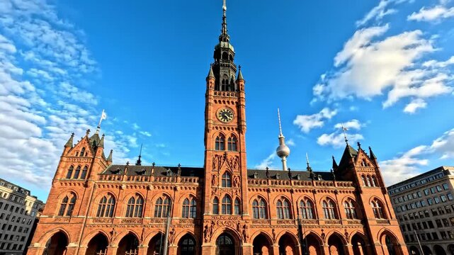 Red brick city hall with clock tower and flying seagulls on a clear, partly cloudy day