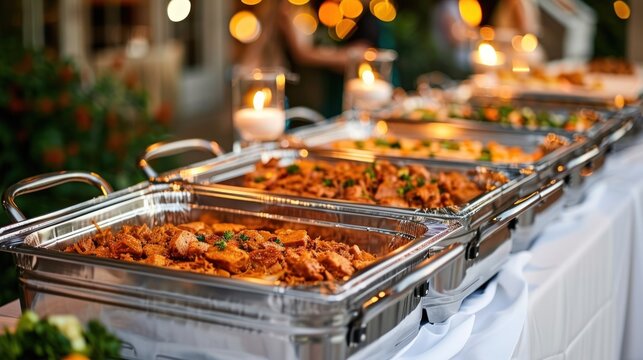 Buffet line of chafing dishes filled with hot food at an outdoor evening event with candles