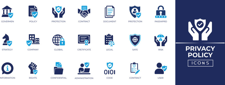 Privacy policy and data protection solid icon set for legal terms, document, policy, safe, government, law, and GDPR compliance security symbols.