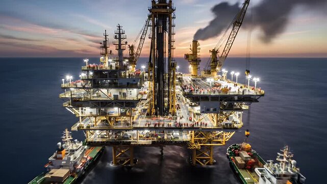 Aerial view of an offshore oil rig at sunset with support vessels