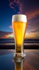 Lager on reflecting surface with sunset