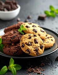 A plate of assorted chocolate chip cookies with mint leaves