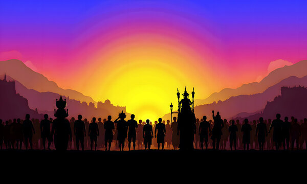 Layered silhouette graphic of a Thaipusam kavadi procession crowd at sunset  