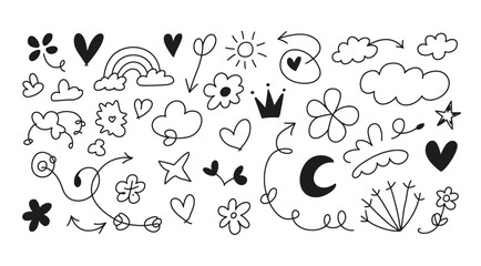 Vector doodles featuring hearts, flowers, and clouds in a playful design.