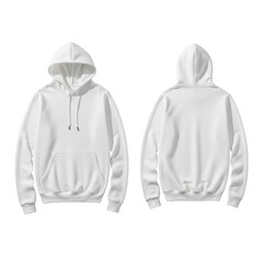 Two gray hoodies with drawstrings and front pockets displayed side by side isolated on transparent background