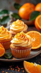 A plate of cupcakes with orange frosting and slices