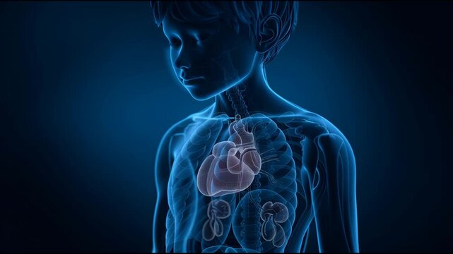 Medical illustration human body child anatomy internal organ heart lung kidney circulatory system lymphatic system silhouette cardiovascular respiratory urinary disease healthcare concept