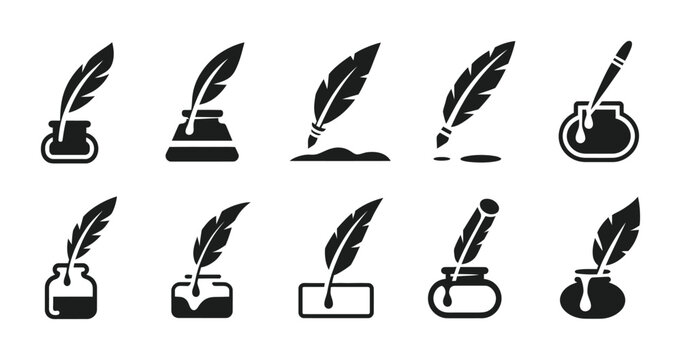 Vector of quill pens and ink bottles in various designs