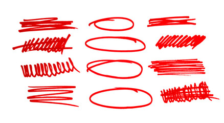 Marker pen underline and strikethrough strokes. Hand drawn collection of different scribble lines and brush strokes. Crosses, oval and strikethroughs.