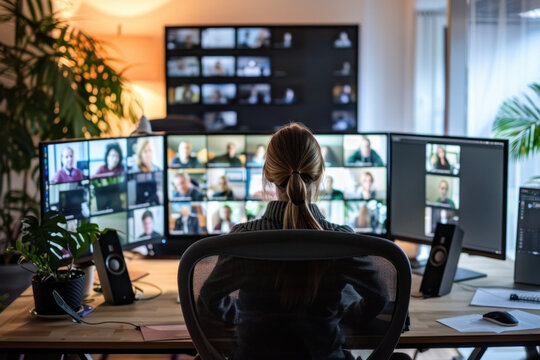 Professionnelle en t&eacute;l&eacute;travail assistant &agrave; plusieurs visioconf&eacute;rences sur &eacute;crans multiples, concept de travail &agrave; distance, gestion internationale et digital workplace.