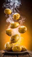 A plate of potatoes levitates with smoke rising