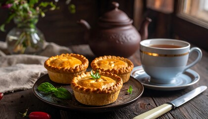 A plate of savory tarts and a cup of tea on a wooden table