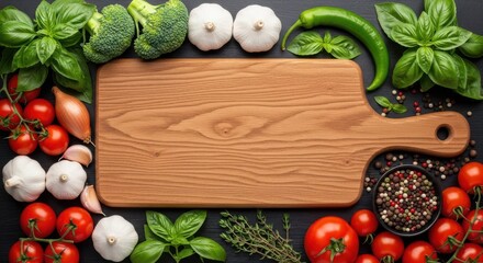 Culinary Canvas: An empty wooden cutting board surrounded by an array of fresh, vibrant vegetables, herbs, and spices, inviting the creation of a culinary masterpiece.