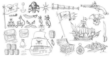 Vintage pirate elements collection set.