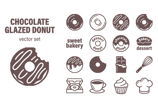 Chocolate Glazed Donut White-Icing Bite-Marks Sweet-Bakery Dessert-Donut Chocolate-Glazed Bakery-Dessert Donut-Icing Vector Set - Bakery Donut