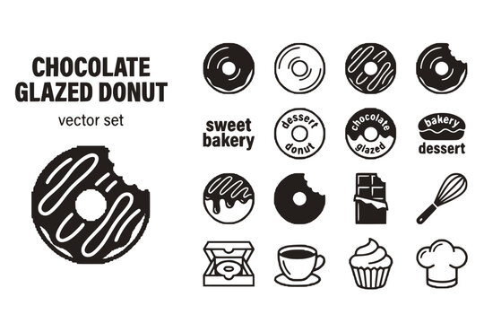 Chocolate Glazed Donut White-Icing Bite-Marks Sweet-Bakery Dessert-Donut Chocolate-Glazed Bakery-Dessert Donut-Icing Vector Set - Bakery Donut