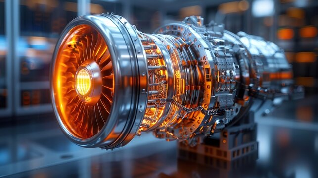 Close-up of a gleaming, intricate jet turbine engine glowing with orange light indoors