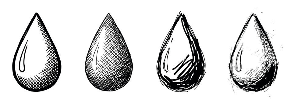 Four hand-drawn black ink water drops collection showing different sketch and doodle styles with cross-hatching and expressive line art for a graphic design element