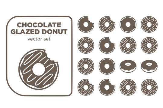 Chocolate Glazed Donut White-Icing Bite-Marks Sweet-Bakery Dessert-Donut Chocolate-Glazed Bakery-Dessert Donut-Icing Vector Set - Bakery Donut