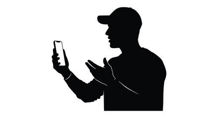 A black silhouette of a man using a smartphone with hands gesturing ideal for design projects on transparent background silhouette