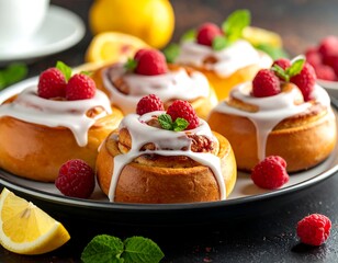 A plate of sweet pastries topped with icing and raspberries