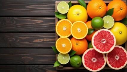 Citrus Fruits Assortment: A visually appealing arrangement of vibrant citrus fruits, artfully displayed in a rustic wooden box. Showcasing the colors and textures of oranges, grapefruits, limes.
