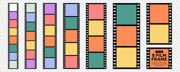 Colorful Film Strip Photo Reel Frame Kit. Cinema Movie Film Strip Border Set. Photo and Film Camera Booth Roll Clipart. Vector Illustration in Png Transparent Background