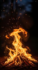 Campfire burning brightly in darkness at night.