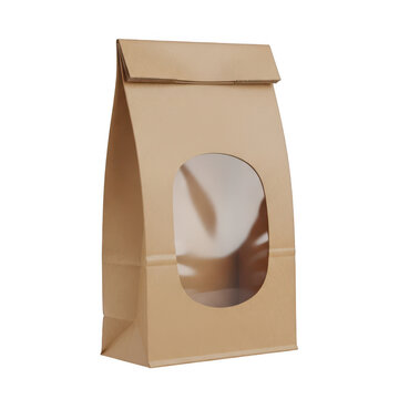 A brown paper bag filled with coffee beans and a white coffee cup on top isolated on transparent background