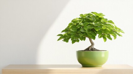 Zen Tranquility: a single bonsai tree graces a wooden surface, set against the backdrop of a soft, minimalist wall, creating a scene of perfect balance and serenity.