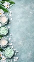 Serene Spa Essentials: A tranquil arrangement of spa elements, featuring delicate orchids, aromatic candles, and mineral-rich bath salts, creating a sense of peace and rejuvenation.