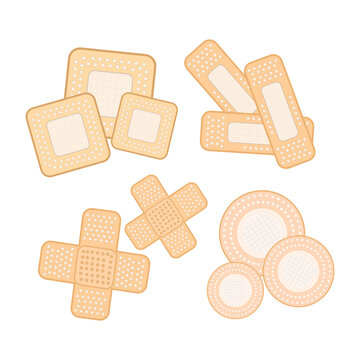 Medical adhesive bandages set. Collection of different shapes medical bandages and plasters. Various band-aid or elastoplast: square, rectangular strips, crossed knuckle bandages and round spot.Vector